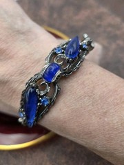 Vintage Art Deco Bracelet Blue Czech Glass Cabs Pot Metal 7.25″