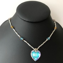 Vintage 925 Sterling Silver Multicolor Bead AB Crystal Letter D Heart Necklace