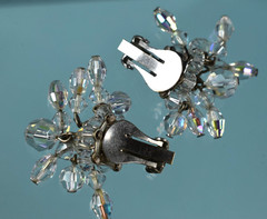 Vintage AB Crystal Glam Cha Cha Beaded Clip On Dangle Drop Earrings 1.3″