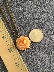 Vtg Carved Floral Necklace Faux Orange Lucite Acrylic Flower Gold Tone Chain