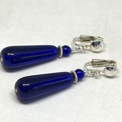 Vintage Cobalt Blue Glass Teardrop Dangle Clip On Earrings Silver Tone Drop 2”