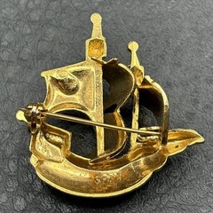 Vintage Spanish Damascene Galleon Ship Brooch Gold Tone Silver Sailing Vessel