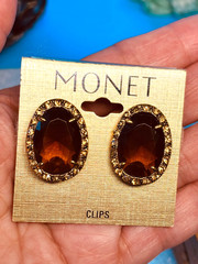 Monet Gold Tone Brown & Rhinestone Pendant Necklace & Clip Earrings NWT