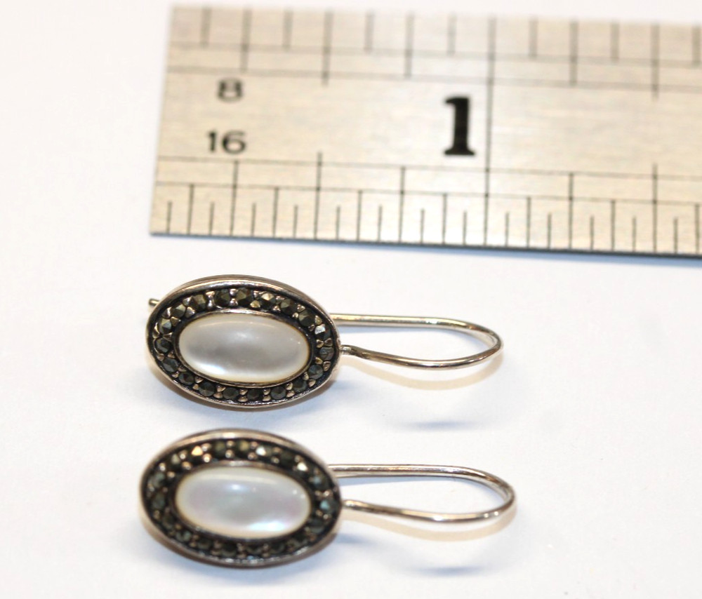 Vintage Sterling Silver 925 FAS Oval Mother Of Pearl Marcasite Earrings #236