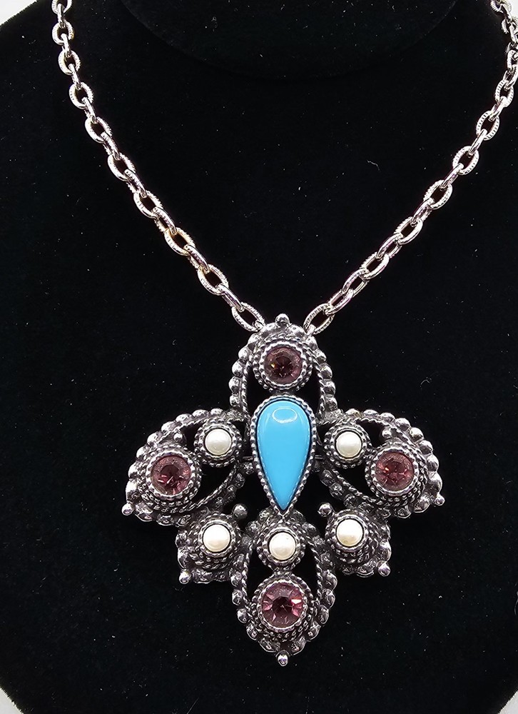 1974 Sarah Coventry Imperial Brooch/pendant Purple Crystal,Faux Pearl, Turquoise