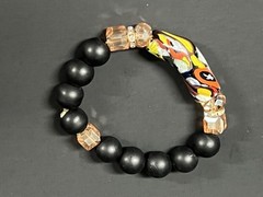 Vintage Carved Black and Multi Color Beads Stretchable Bracelet, Chinese Amulet