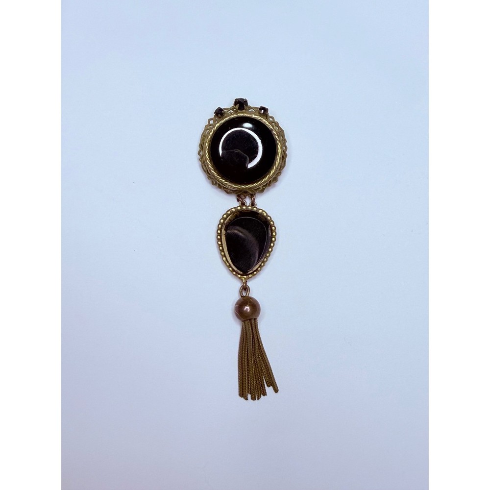 Original by Robert Brooch Black Glass Rhinestone Pendant Tassel Vintage