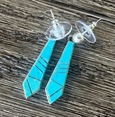 Calvin Begay Turquoise Inlay Dangle Earrings Native American Sterling Silver #8