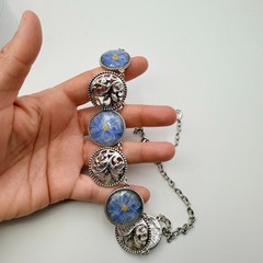 Vintage 90s Silver Tone Blue Flower Glass Cabochon Classic Fashion Jewelry Set