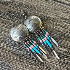 Southwestern Dangle Earrings Turquoise Coral Bead Fringe Vtg Sterling Silver #7