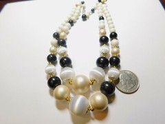 Double Strand Off White Black Faux Pearl Satin Beaded Necklace Japan Vintage