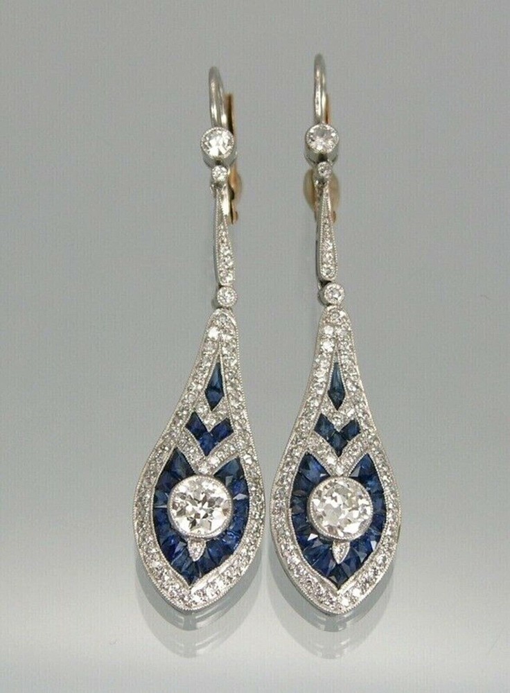 Milgrain Art Deco Drop Earrings 2.5 Ct Simulated Diamond 14K White Gold Plated