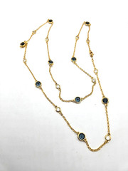 Vintage Swarovski Crystal Bezel Gold Tone Necklace w/ Blue & Clear Crystals 28in