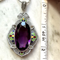 Deco Purple Glass & Multicolor Enamel Filigree Pendant Signed Helgen 17.75”Huge