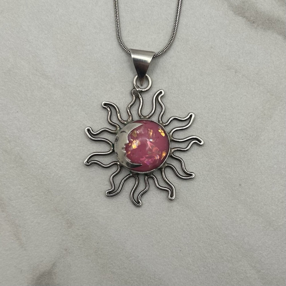 Vintage Sterling Silver Mexico Celestial Sun Moon Necklace Pink Glitter Resin