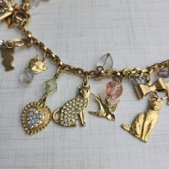 Vintage Kirks Folly Cat Charm Dangle Necklace Birds Crystals Bows Cats Heart 26″