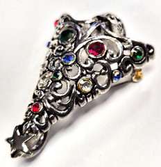 Estate Silver Tone & Rhinestone Christmas Tree Open Scroll Pendant Pin / Brooch