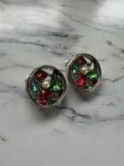 Vintage ART Signed Clip On Earrings Multicolor Rhinestone Faux Pearl Estate