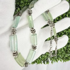 Vintage Sterling Silver Iridescent Green Roman Glass & Beaded Necklace Boho Chic