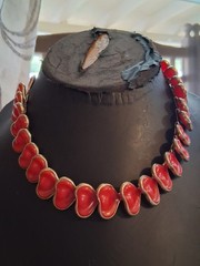 Vintage red celluloid stylized leaf abstract necklace, 16″, articulated