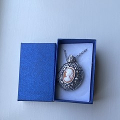 Silver Tone Oval Cameo Portrait Pendant Necklace, 19 inches long