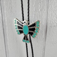 Vintage Bolo Tie Eagle Thunderbird Turquoise Silver Green & Black Enamel Design