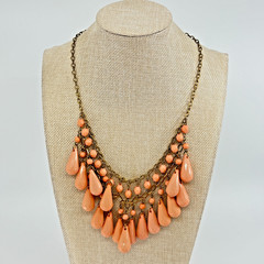 Vintage Retro Peach Teardrop Bib Necklace Antique Gold Tone Statement Jewelry