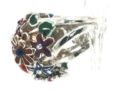 Vintage Floral Cocktail Ring Yellow Faceted Stone Multicolor Enamel Adjustable
