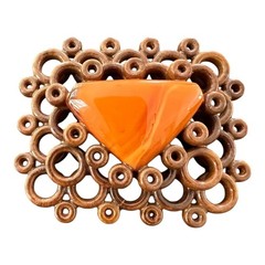 Vintage Soviet Modernist Brooch, Baltic Amber & Geometric Wood Lattice, Mid-Cent