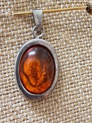Vintage Sterling Silver 925 Baltic Amber Oval Pendant Cognac Honey Modernist
