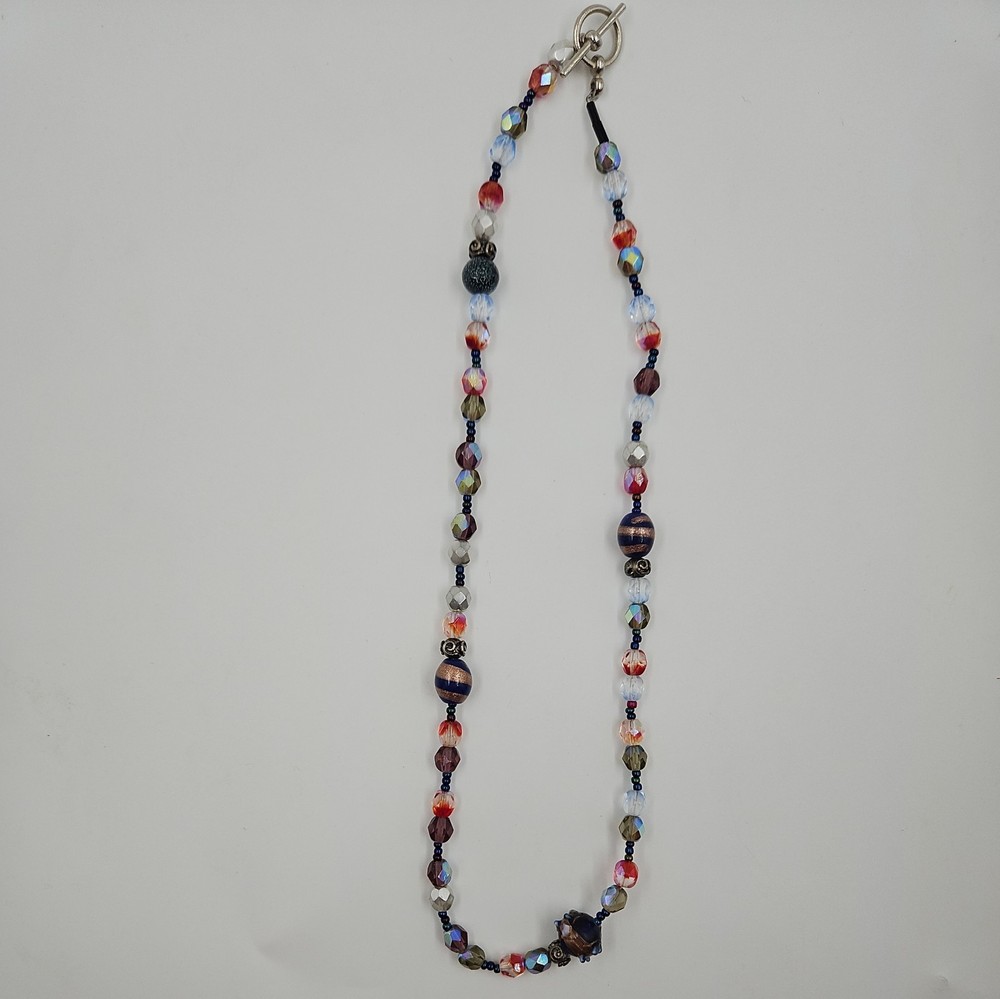 Vintage Artisanal Glass Bead Necklace Iridescent Crystal Boho Toggle Clasp