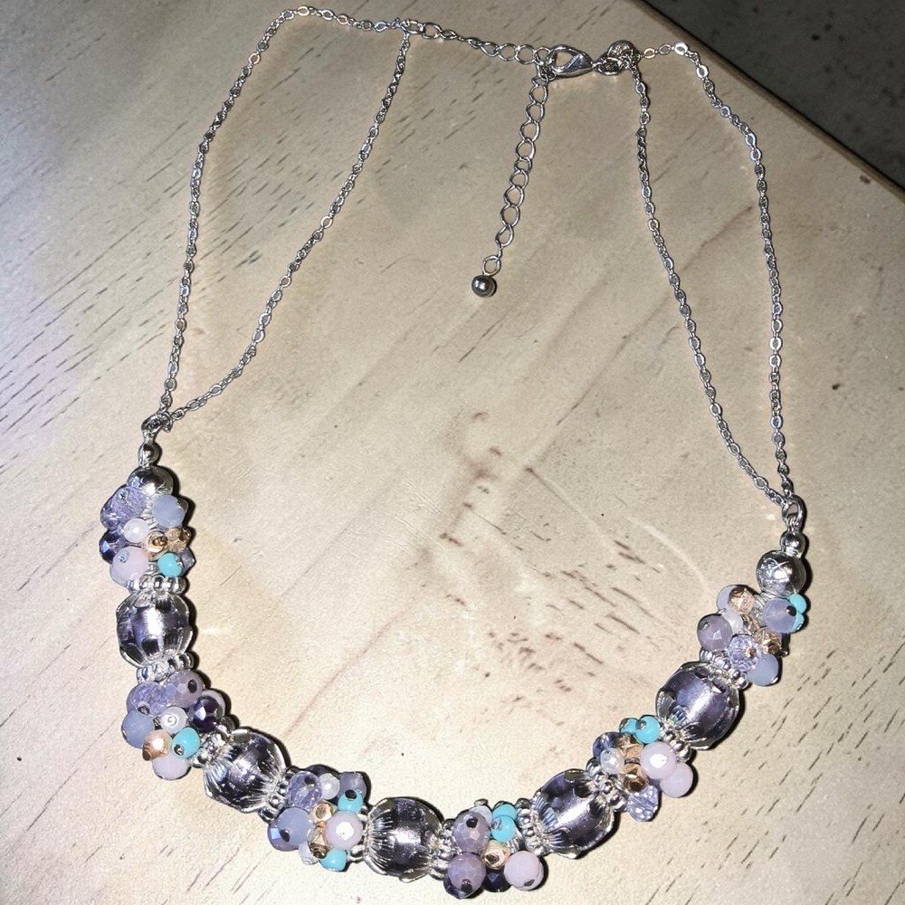 Vintage M&S Marks Spencer Lavender Glass Crystal Bead Cluster Necklace 17″-20″