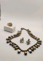 Vintage 1950s Made In Austria Stamped Trio, Prong Set Necklace Ring And Earrings