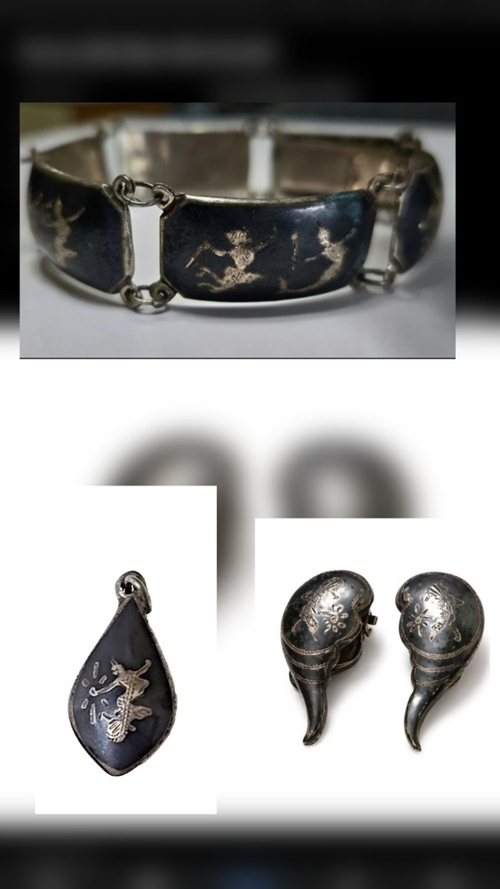 Vintage Siam Niello Sterling Silver Set Bracelet Pendant Earrings 925