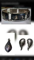 Vintage Siam Niello Sterling Silver Set Bracelet Pendant Earrings 925