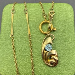 Vintage 12k GF Pocket Watch Chain FOB Necklace, Dog Clip, Blue Aquamarine Glass
