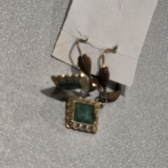 Vintage Goldtone Square Green Jade Dangle Earrings Ornate Beaded Frame Leverback