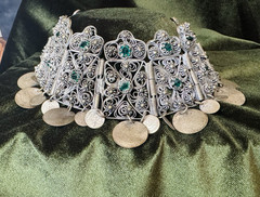 Vintage Moroccan Style Filigree Coin Choker Necklace Green Glass Ethnic 12.25”