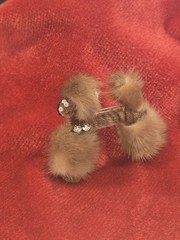 Vintage Mink Fur Poodle Dog Brooch Pin Rhinestones 1930s 50s Jewelry Estate EXC
