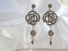 Vintage Sterling Silver 925 Floral Smoky Quartz Marcasite Drop Dangle Earrings