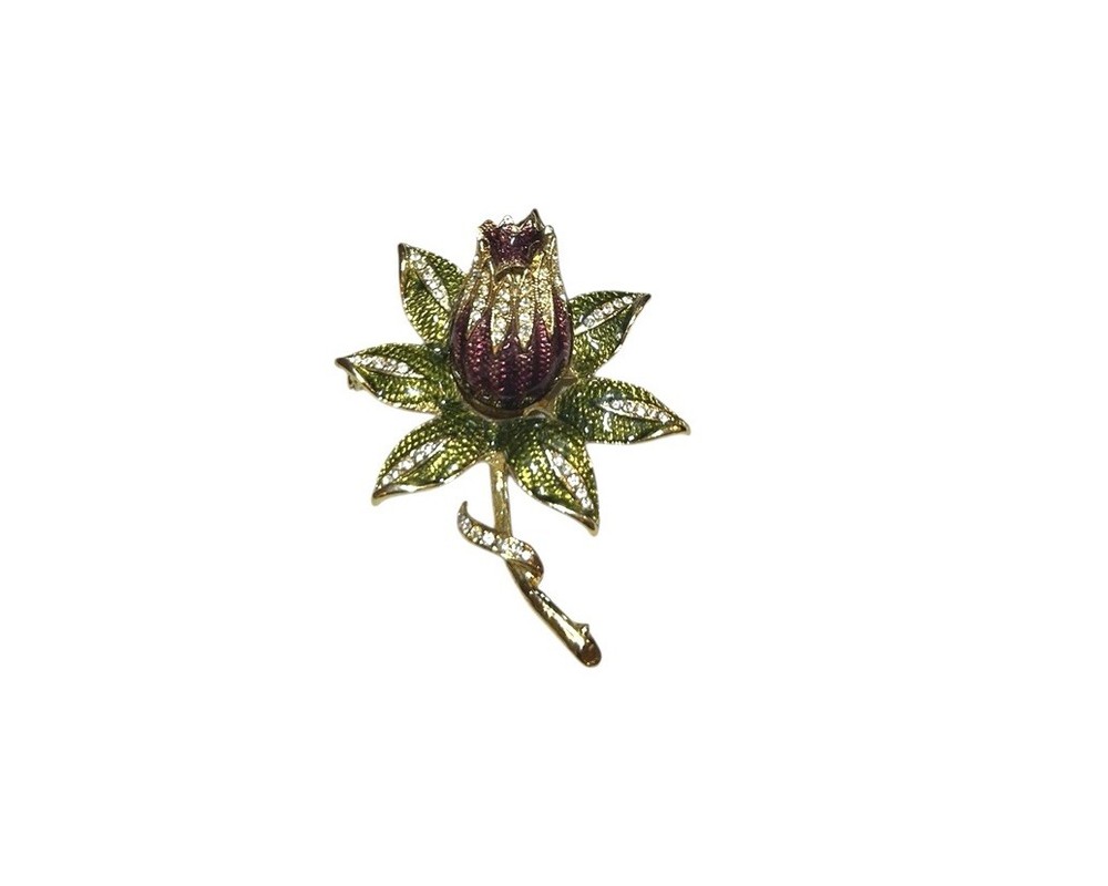 Vtg Crystal Rhinestone Enamel Multi Dimensional Flower Brooch Green Purple Gold