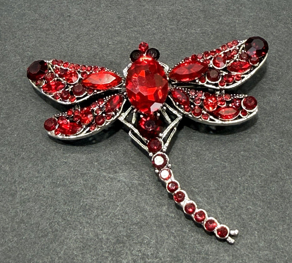 Red Rhinestone Dragonfly Brooch Pendant Faceted Center Stone Silver Tone 2.5″