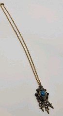Vintage CELEBRITY Large Rhinestone Faux Turquoise Pendant Necklace GoldTone Boho