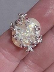 Opalite cabochon ring W/cherry blossom design silvertone metal red stones size 6