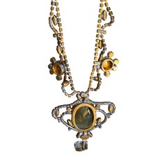 Vtg Signed Husar D Czech Glass Festoon Necklace Green Center Red Accent Stones