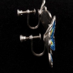 Vintage Silver Butterfly Earrings Hand-Painted Screw-Post Back Non-Pierced Ears