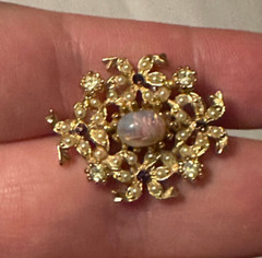 Vintage Faux Fire Opal & Rhinestone Pearl Diamond Brooch Gold Tone Beautiful