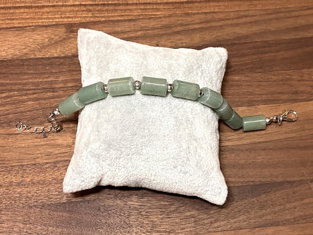 VTG Green Aventurine Stone Tube & Silver Tone Accents Beaded Bracelet 7” – 8.5”