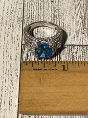 Sz 8 Cushion Cut 925 Ring Blue Topaz Color Stone Sterling Silver Filigree Signed