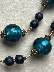 Vintage Teal Blue Glass & Dark Blue Wood Bead Brass Spacer Necklace 37”